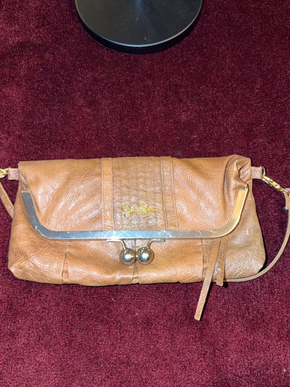 Jessica Simpson Tan Leather Kiss-Lock Clutch with Detachable Strap